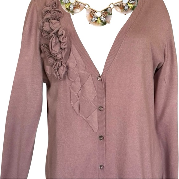 New York & Company Mauve Plum Cardigan Sweater with Floral Embellishment Size M - Picture 3 of 8